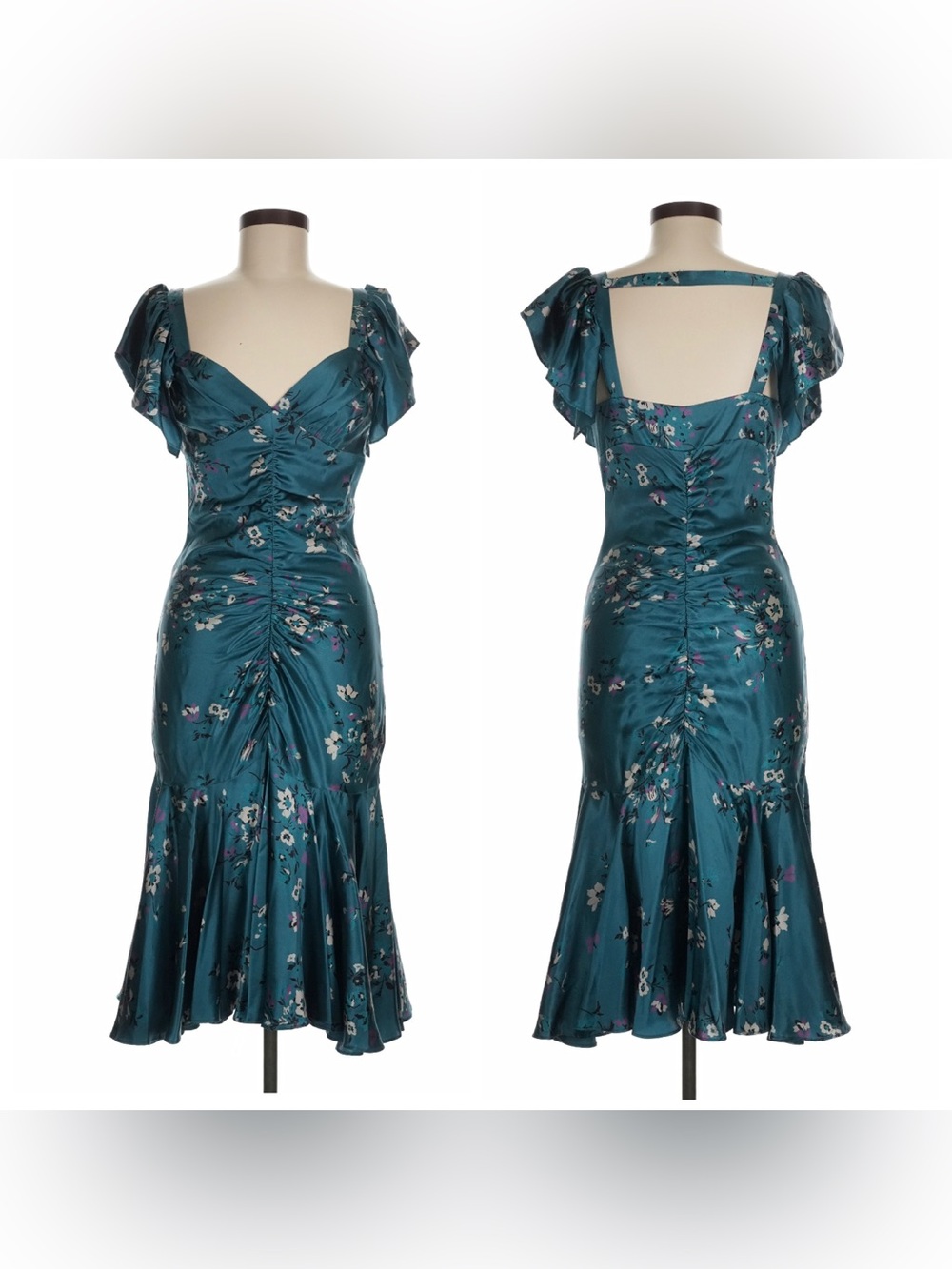 Betsey Johnson Vintage Silk Dress Floral Ruched Midi Mermaid Fishtail Slip 90s 6